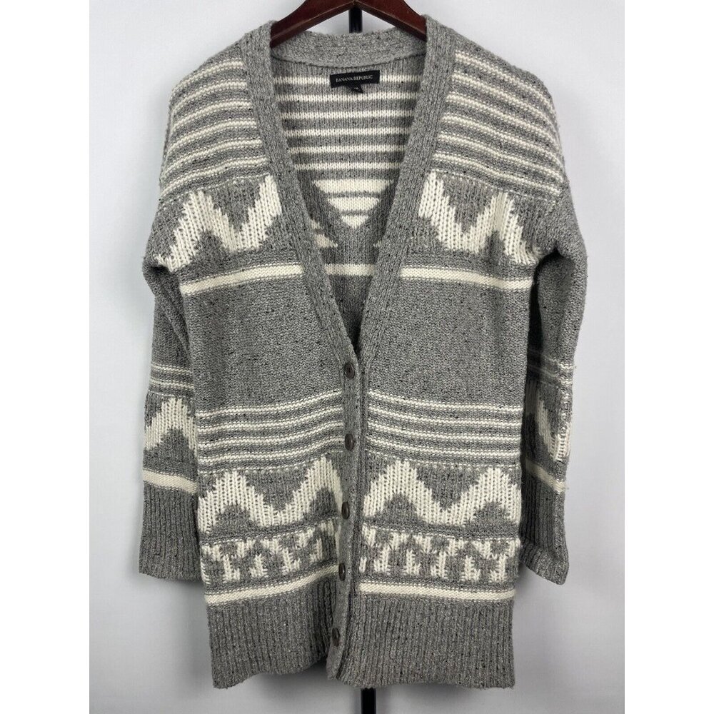 Banana Republic‎ Gray White Wool Blend Chunky Knit Grandpa Button Cardigan Sz XS